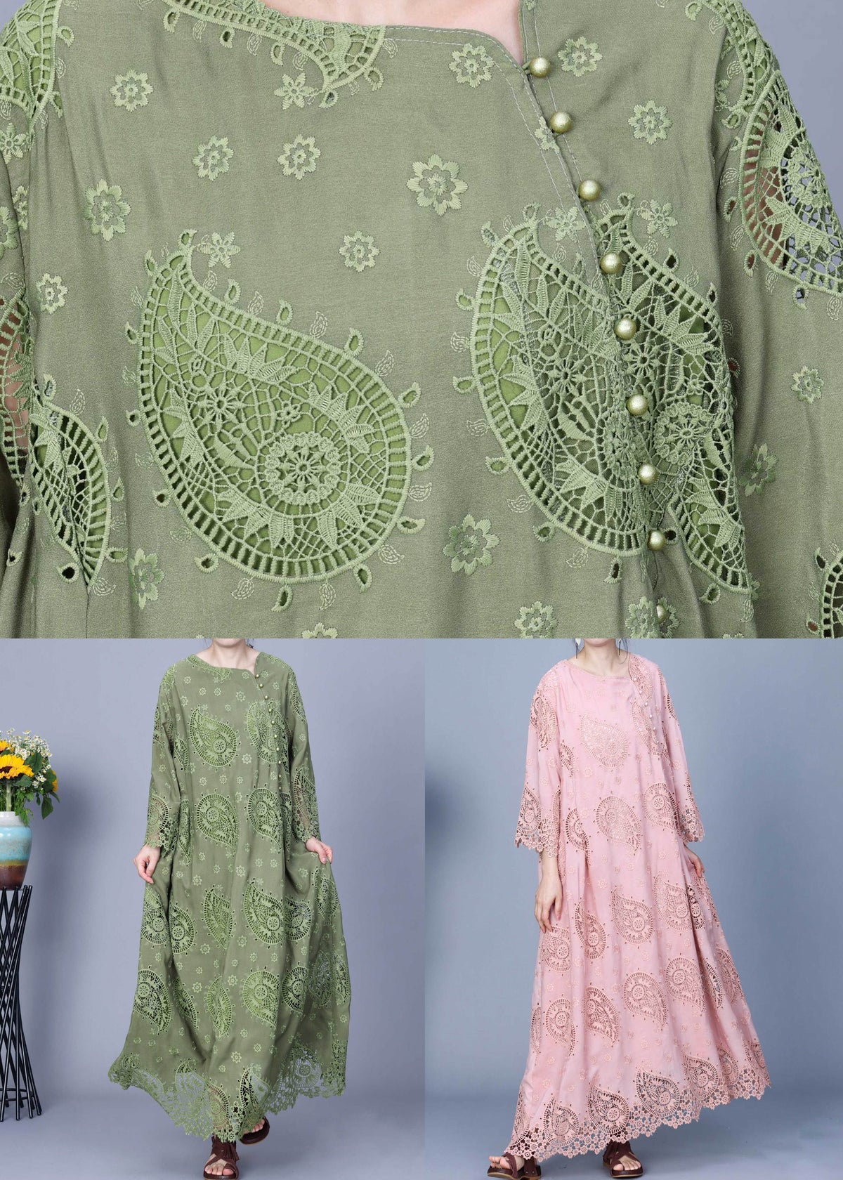 Round Neck Asymmetric Button Paisley Eyelet Scalloped Hem Maxi Dress