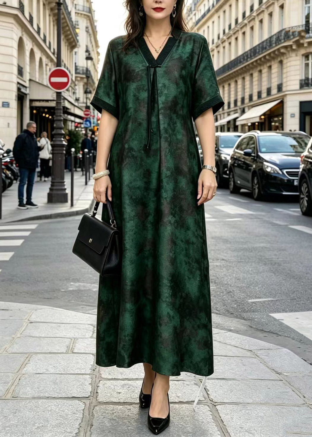 Mandarin Collar Botanical Fern Print Short Sleeve Maxi Dress