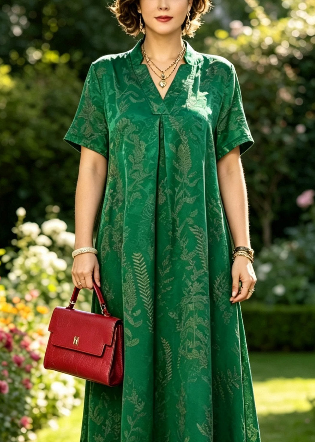 Mandarin Collar Botanical Fern Print Short Sleeve Maxi Dress