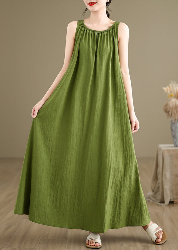 Round Neck Gathered Collar Sleeveless A Line Linen Maxi Dress
