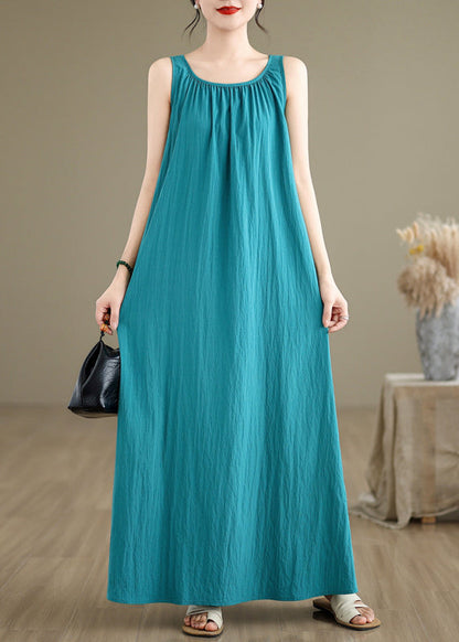 Round Neck Gathered Collar Sleeveless A Line Linen Maxi Dress