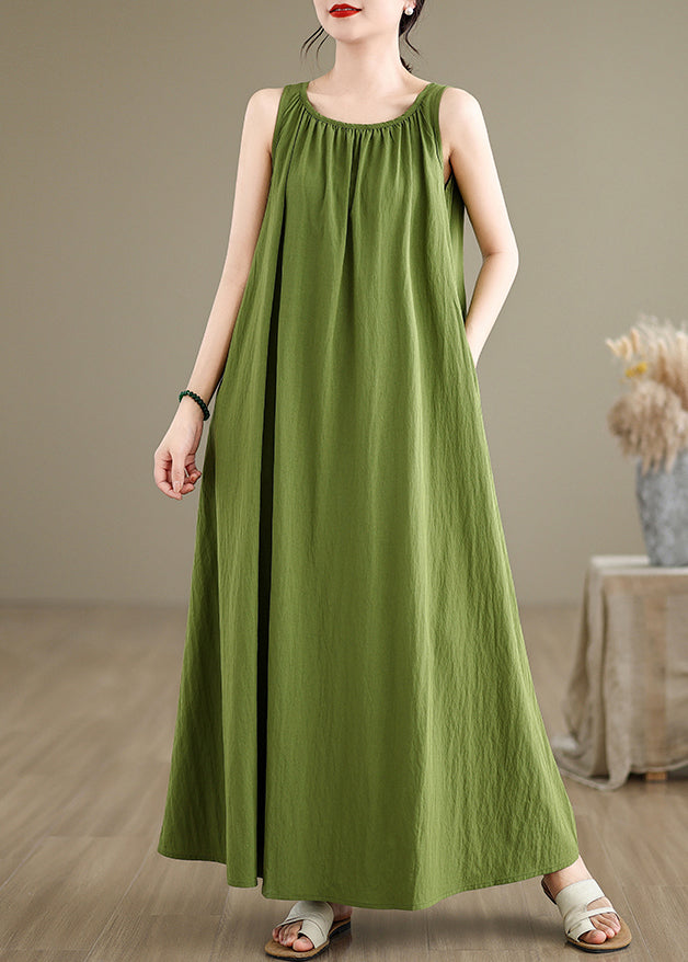 Round Neck Gathered Collar Sleeveless A Line Linen Maxi Dress