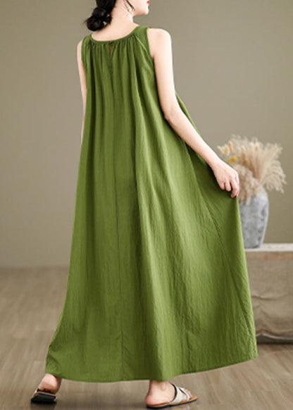 Round Neck Gathered Collar Sleeveless A Line Linen Maxi Dress