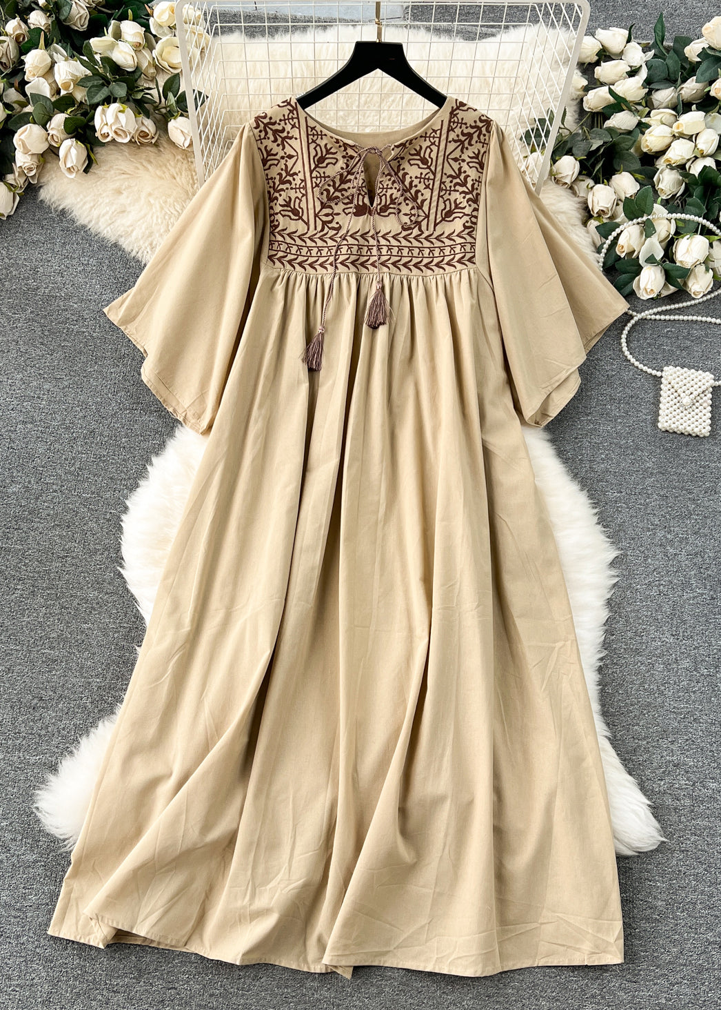 Tassel Tie Embroidered Folk Yoke Bell Sleeve Linen Maxi Dress