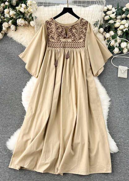 Tassel Tie Embroidered Folk Yoke Bell Sleeve Linen Maxi Dress