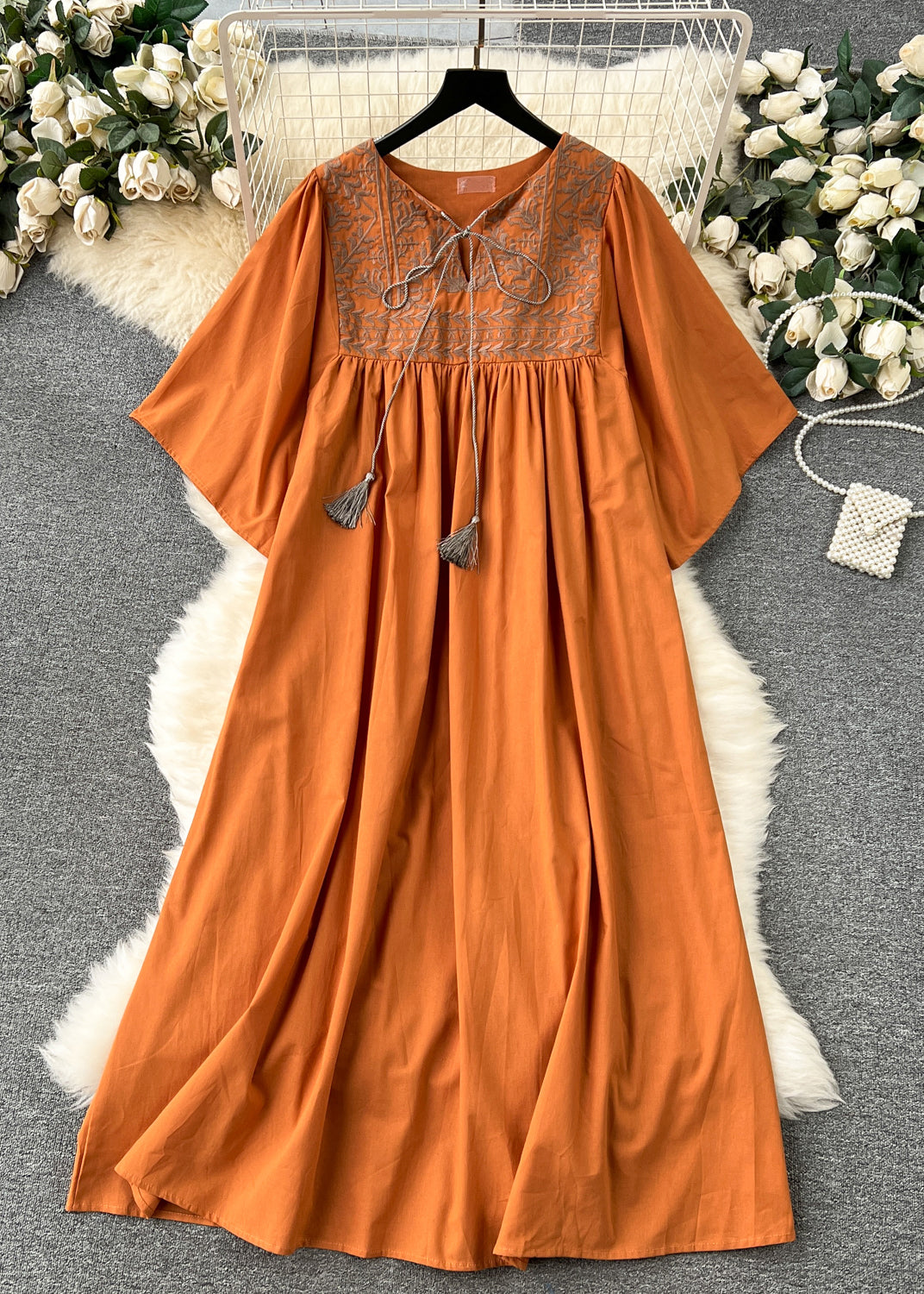Tassel Tie Embroidered Folk Yoke Bell Sleeve Linen Maxi Dress