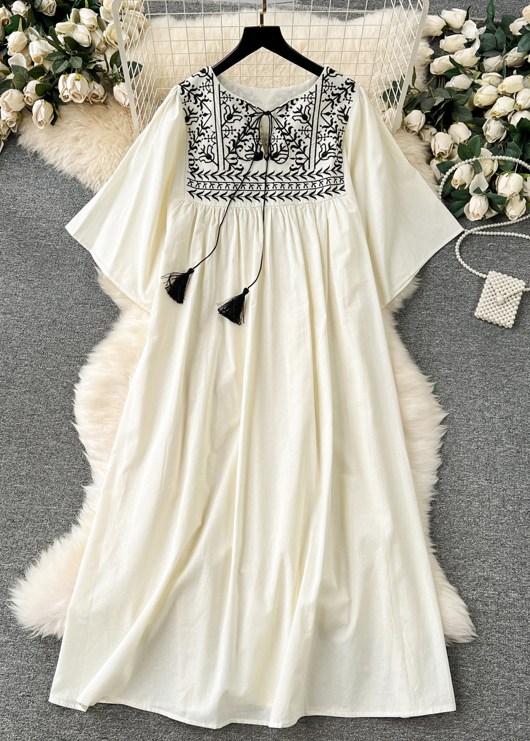 Tassel Tie Embroidered Folk Yoke Bell Sleeve Linen Maxi Dress