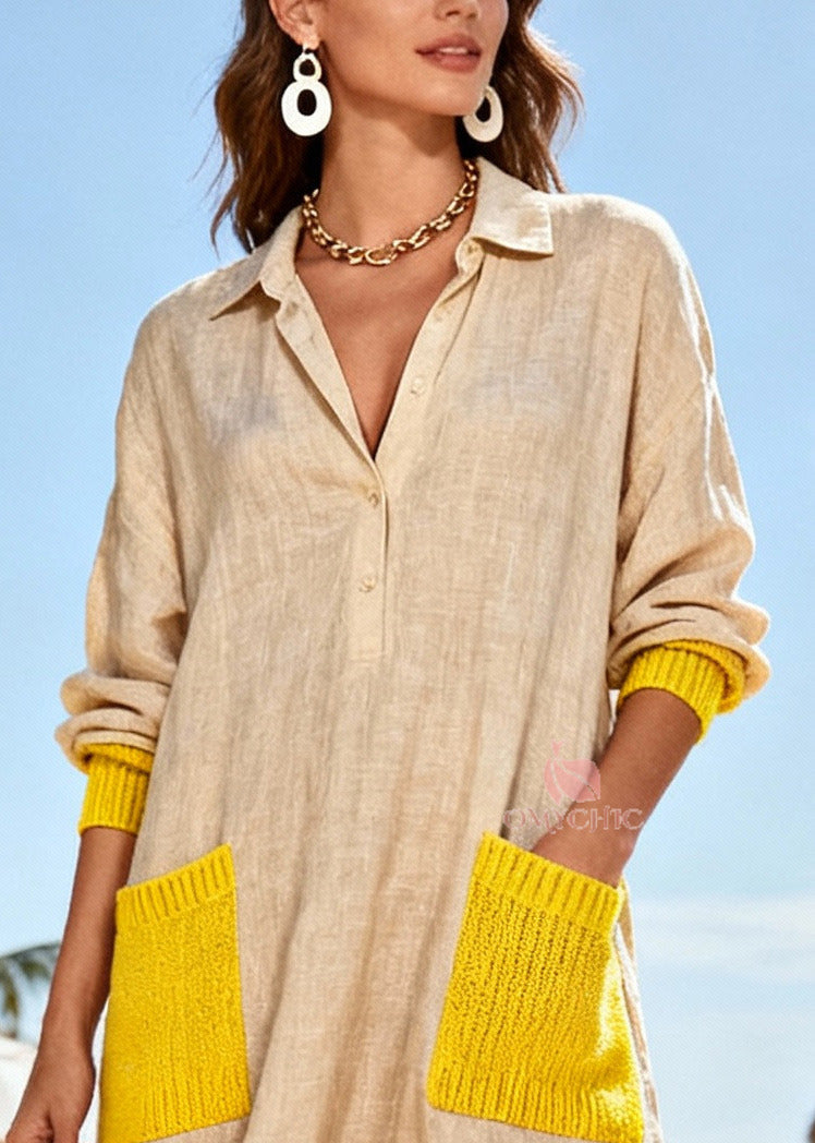 Pointed Collar Ribbed Pocket Panel High-Low Hem Shirt Dress