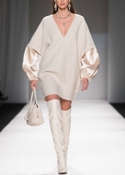 Deep V-Neck Lantern Satin Cuff Linen Mini Shift Dress
