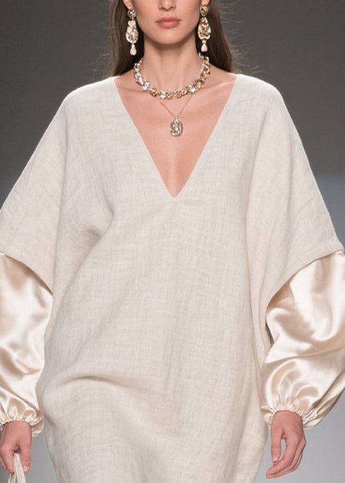 Deep V-Neck Lantern Satin Cuff Linen Mini Shift Dress