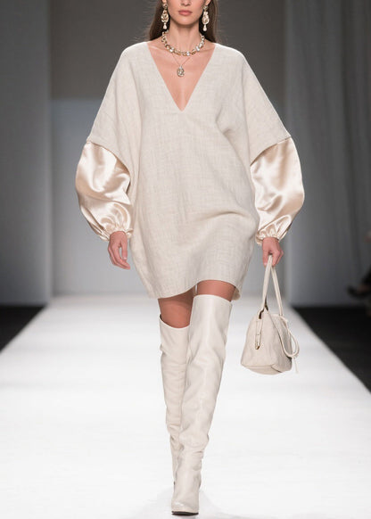 Deep V-Neck Lantern Satin Cuff Linen Mini Shift Dress