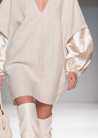 Deep V-Neck Lantern Satin Cuff Linen Mini Shift Dress