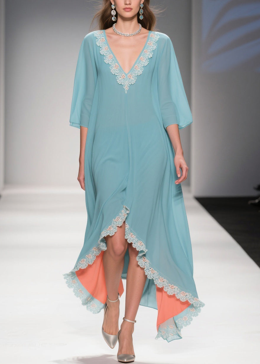 Lace Trim V-Neck Kimono Sleeve High-Low Chiffon Kaftan Dress