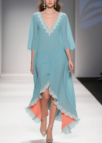 Lace Trim V-Neck Kimono Sleeve High-Low Chiffon Kaftan Dress