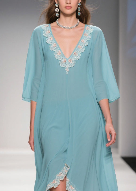 Lace Trim V-Neck Kimono Sleeve High-Low Chiffon Kaftan Dress