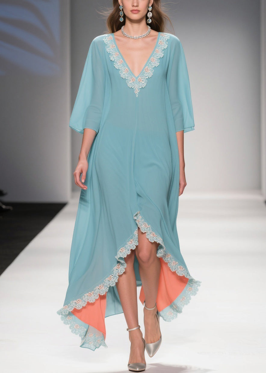 Lace Trim V-Neck Kimono Sleeve High-Low Chiffon Kaftan Dress