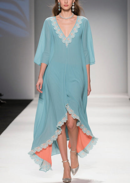 Lace Trim V-Neck Kimono Sleeve High-Low Chiffon Kaftan Dress