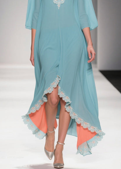 Lace Trim V-Neck Kimono Sleeve High-Low Chiffon Kaftan Dress