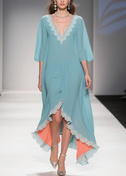 Lace Trim V-Neck Kimono Sleeve High-Low Chiffon Kaftan Dress