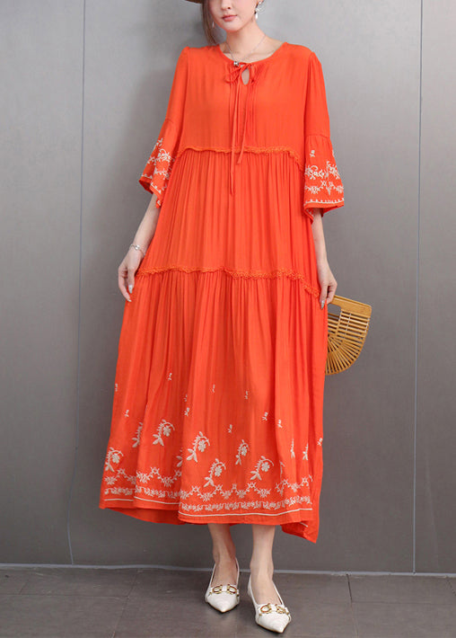 Keyhole Tie Neck Floral Embroidered Tiered Bell Sleeve Maxi Dress