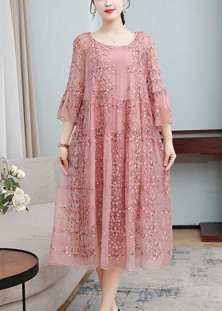 Scoop Neck Tiered Ruffle Cuff Floral Embroidered Sequin Mesh Maxi Dress