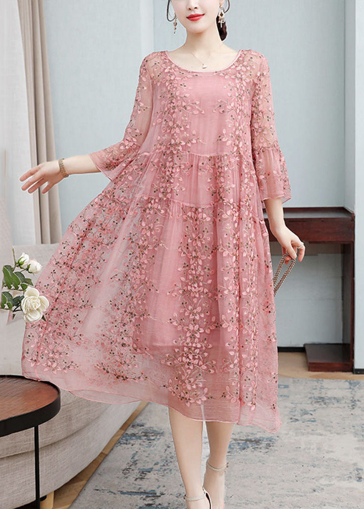 Scoop Neck Tiered Ruffle Cuff Floral Embroidered Sequin Mesh Maxi Dress
