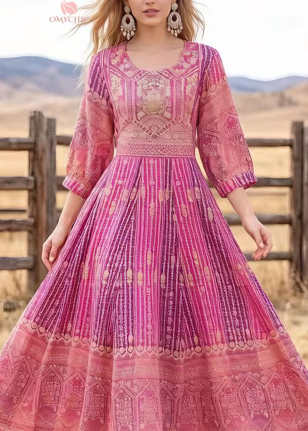 Round Neck Three-Quarter Sleeve Pleated Ornate Print Border Hem Maxi Dress