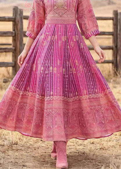 Round Neck Three-Quarter Sleeve Pleated Ornate Print Border Hem Maxi Dress