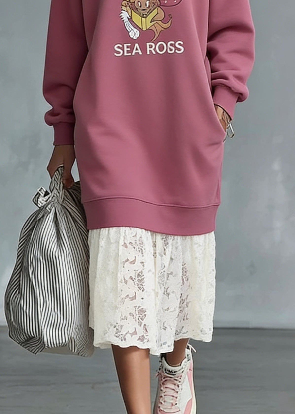 Round Neck Graphic Print Pocket Lace Hem Oversized Sweatshirt Maxi Dress