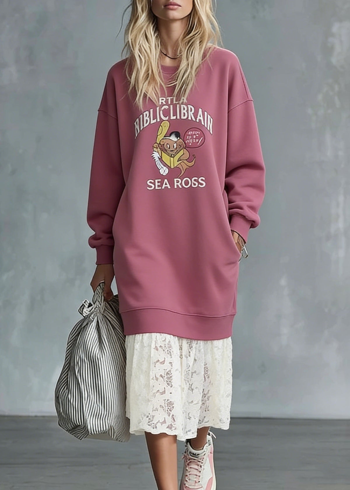 Round Neck Graphic Print Pocket Lace Hem Oversized Sweatshirt Maxi Dress