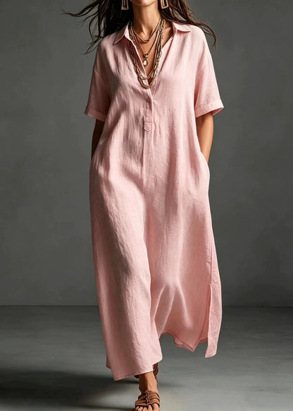 Collared V-Neck Short Cuff Sleeve Side Slit Maxi Dress