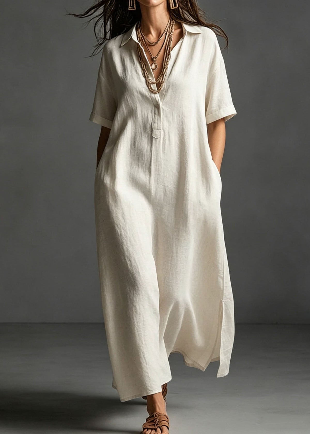 Collared V-Neck Short Cuff Sleeve Side Slit Maxi Dress