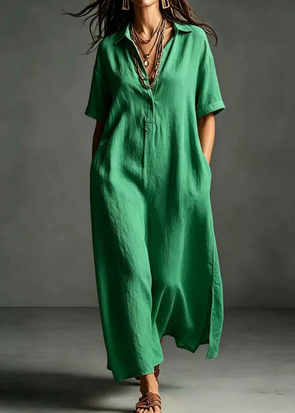 Collared V-Neck Short Cuff Sleeve Side Slit Maxi Dress