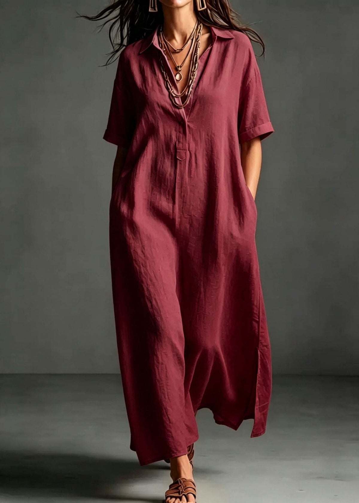 Collared V-Neck Short Cuff Sleeve Side Slit Maxi Dress