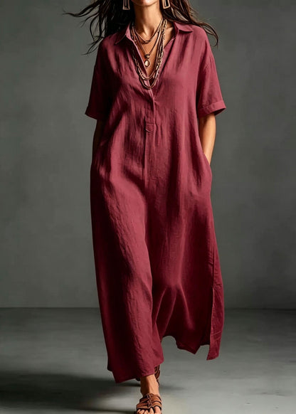 Collared V-Neck Short Cuff Sleeve Side Slit Maxi Dress