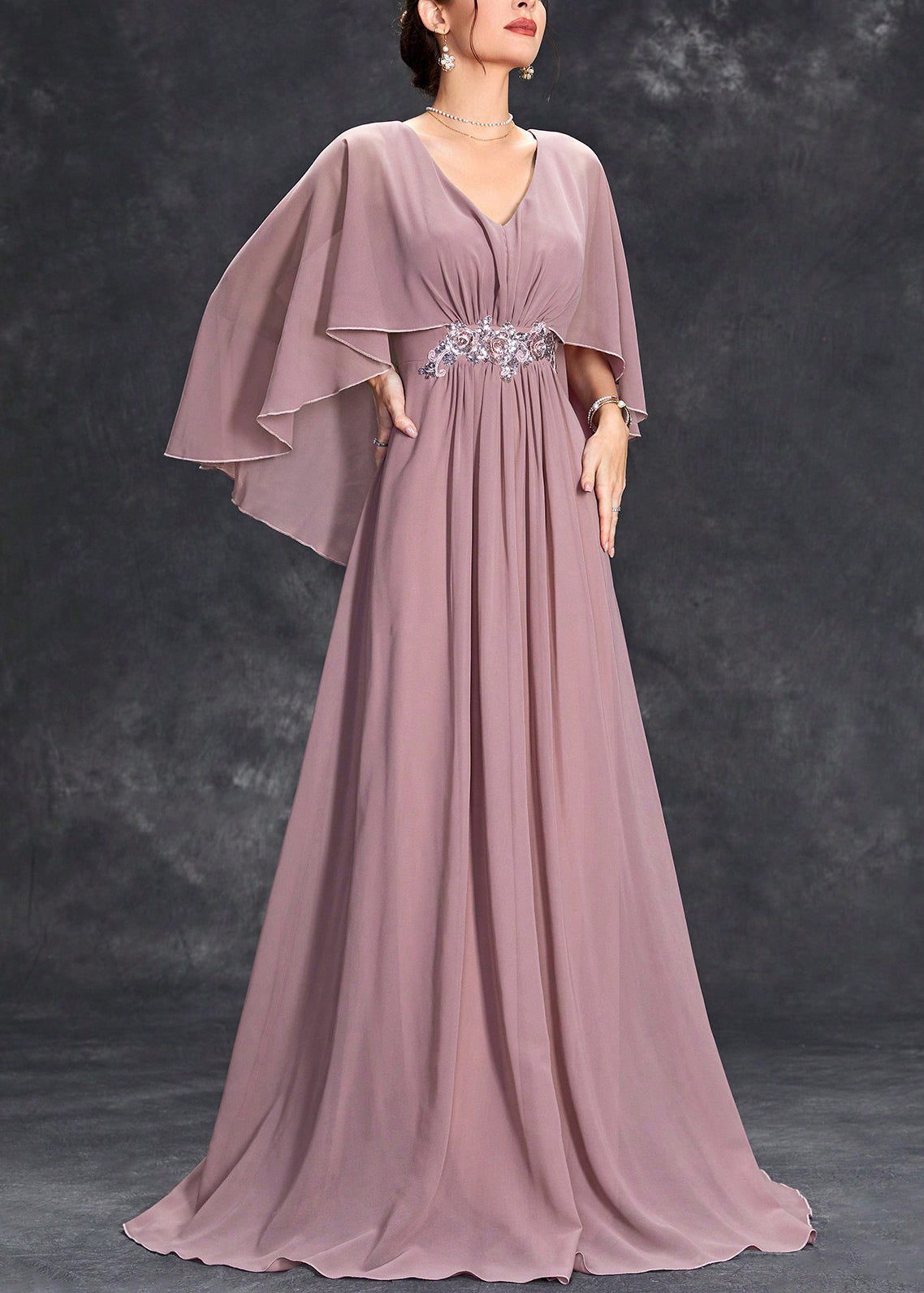 Deep V Neck Cape Sleeve Flutter Chiffon Empire Waist Maxi Gown