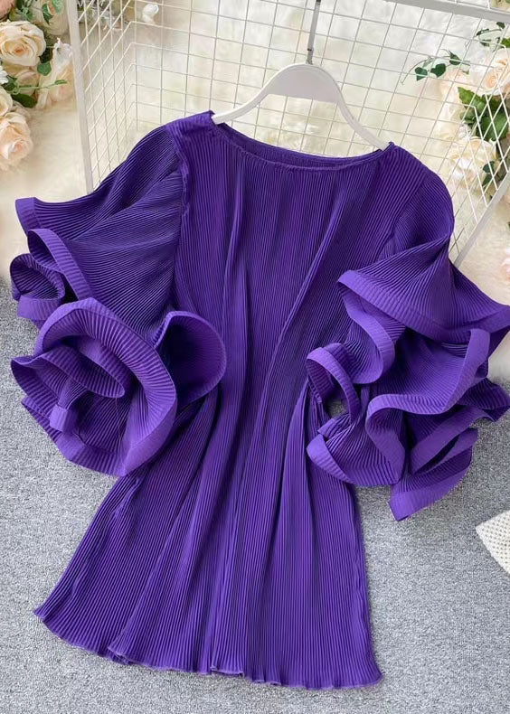 Round Neck Plisse Pleated Tiered Ruffle Exaggerated Sleeve Mini Dress