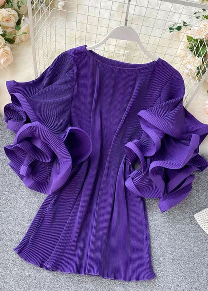 Round Neck Plisse Pleated Tiered Ruffle Exaggerated Sleeve Mini Dress