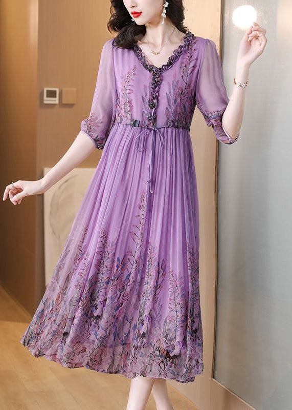 V-Neck Ruffle Trim Drawstring Waist Accordion Pleat Floral Chiffon Midi Dress
