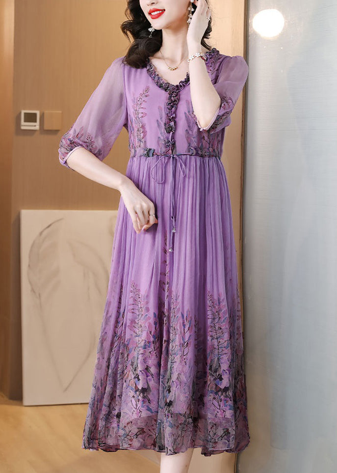 V-Neck Ruffle Trim Drawstring Waist Accordion Pleat Floral Chiffon Midi Dress