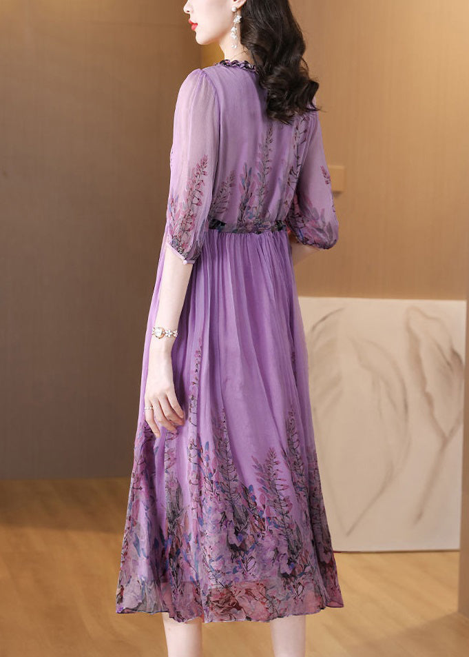 V-Neck Ruffle Trim Drawstring Waist Accordion Pleat Floral Chiffon Midi Dress