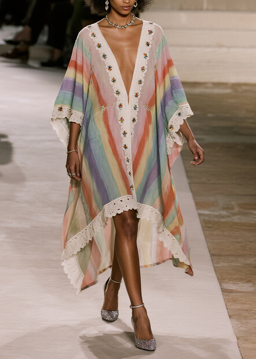 Embroidered Stripe V-Neck Lace Trim High-Low Kaftan Midi Dress