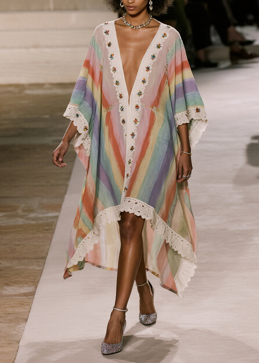 Embroidered Stripe V-Neck Lace Trim High-Low Kaftan Midi Dress