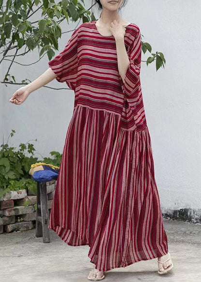 Round Neck Drop Shoulder Horizontal Stripe Gathered Skirt Maxi Dress