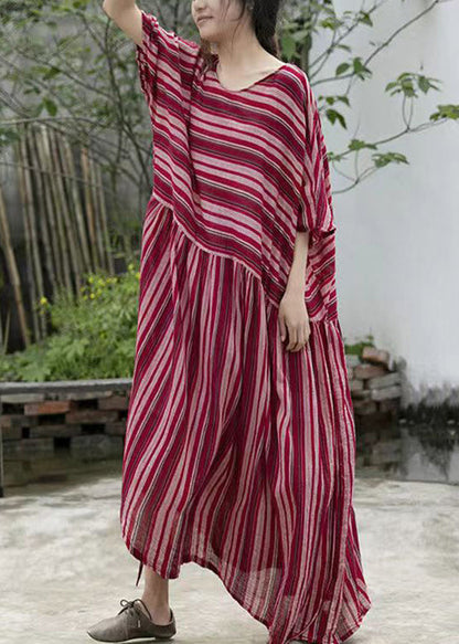 Round Neck Drop Shoulder Horizontal Stripe Gathered Skirt Maxi Dress