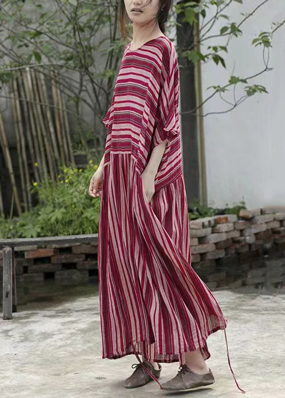 Round Neck Drop Shoulder Horizontal Stripe Gathered Skirt Maxi Dress