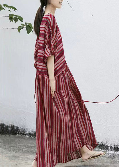 Round Neck Drop Shoulder Horizontal Stripe Gathered Skirt Maxi Dress