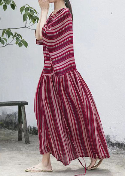 Round Neck Drop Shoulder Horizontal Stripe Gathered Skirt Maxi Dress