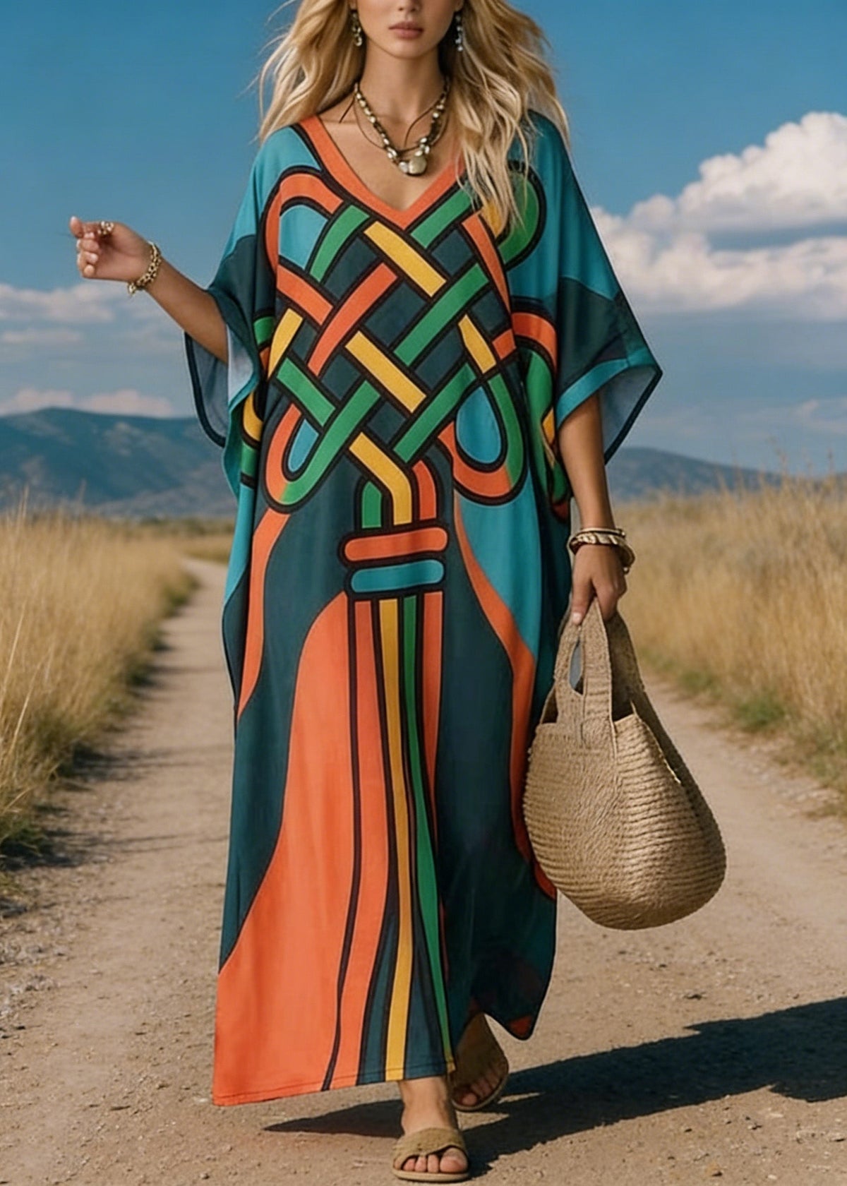 Deep V Neck Graphic Ribbon Print Kimono Sleeve Kaftan Maxi Dress