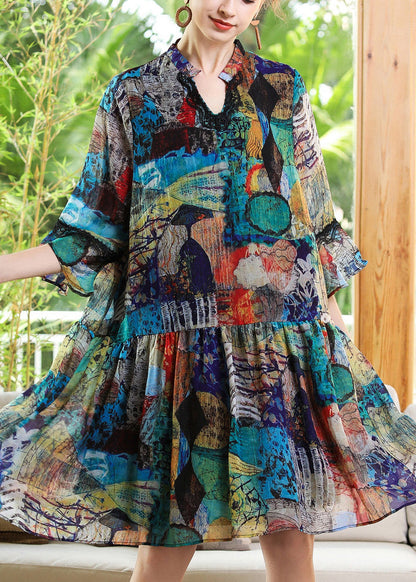Mandarin Collar Lace Trim Bell Sleeve Abstract Print Smock Dress